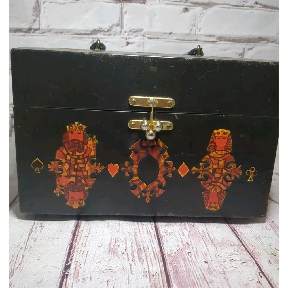 VTG 1960s 1970s Wooden Purse Decoupage Face Cards Box Plastic  Handle